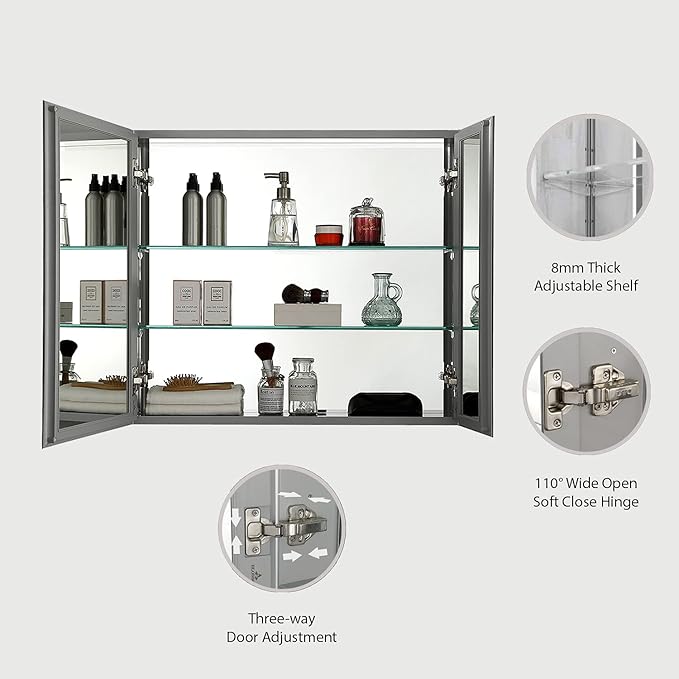 Blossom 30x26 Inch Aluminum Medicine Cabinet with Mirror – Recessed or Surface Wall Mounted Bathroom Storage with Adjustable Glass Shelves, Soft Close Hinges, Rust-Resistant and Modern Mirrored Design