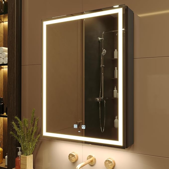 KWW LED Lighted Bathroom Medicine Cabinet with Sockets & USBs, Defogger, Dimmable, 3 Color Light Makeup Mirror, Easy to Install, Wall Mounted Cabinet (Left hinge-20 * 28)