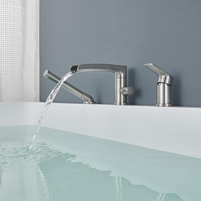 Waterfall Roman Tub Faucet Brushed Nickel Deck Mount Bathtub Faucets Brass Tub Filler Bathroom Faucets with Hand Shower