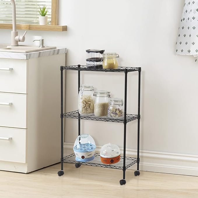 3 Tier Storage Racks Shelving, Heavy Steel Pantry Shelves, Adjustable Wire Shelving Rack with Wheels, Suitable for Garage, Kitchens, Offices, 19.7" W x 9.8" D x 28" H, Black