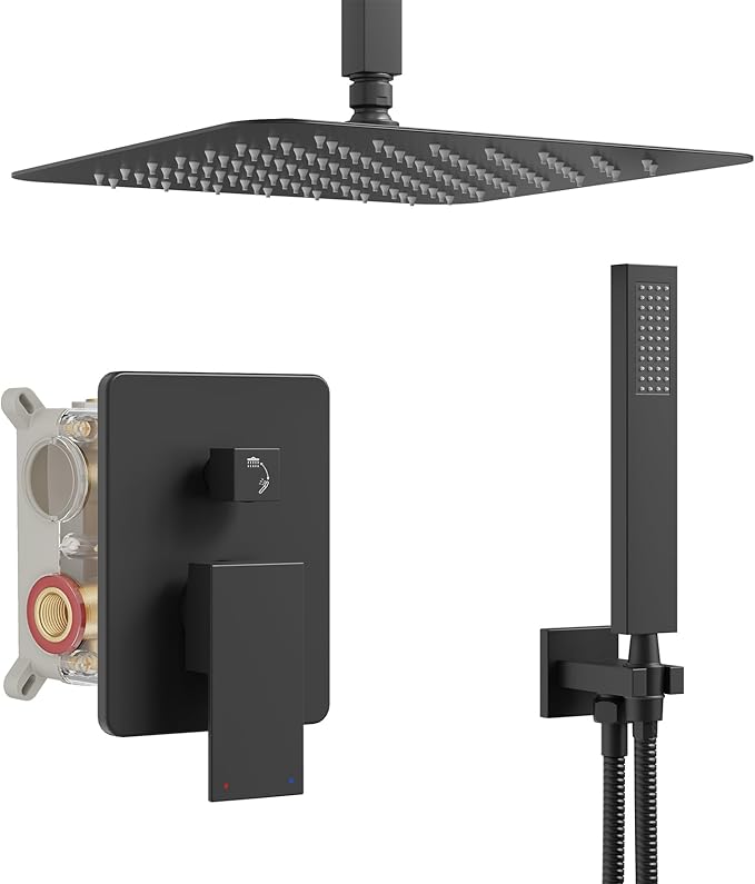 Ceiling Mount Shower Faucet Set, Black Shower System with 10-Inch Rain Showerhead and Handheld Spray Combo, High-Pressure Showerheads Set with Valve and Trim Kit, Matte Black