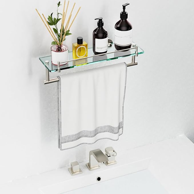 Floating Tempered Glass Bathroom Shelf with Towel Bar - Brushed Nickel & Stainless Steel, Wall Mount 16 Inch