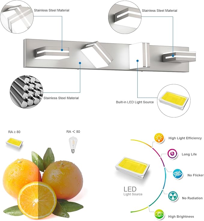 SineRise LED Modern Bathroom Vanity Light Fixtures (4-Light, 30-Inch, Dimmable), Brushed Nickel Modern Acrylic Bathroom Wall Lighting Fixtures Over Mirror (Cool White 6000K)