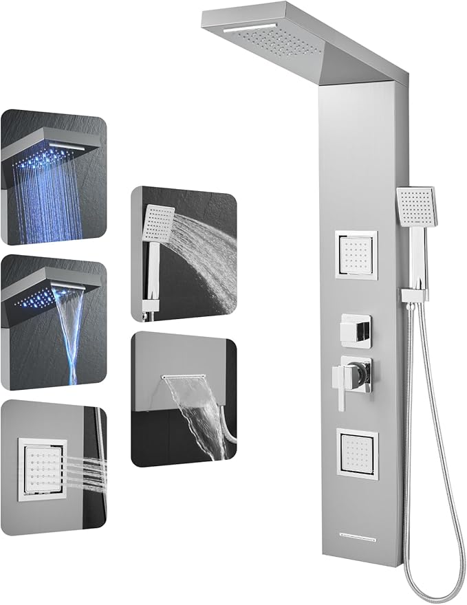 ROVOGO Shower Panel Tower System with Led Lights, Rainfall Waterfall Shower Head, 2 Big Body Jets, Handheld and Tub Spout, Stainless Steel Shower Column Brushed