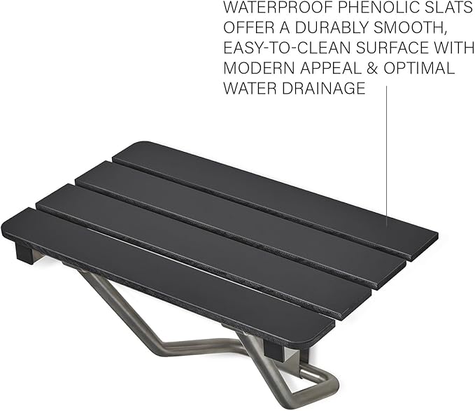 28-inch x 15-inch ADA Folding Wall Mount Bathroom Shower Seat Bench, Black Slatted Phenolic Seat