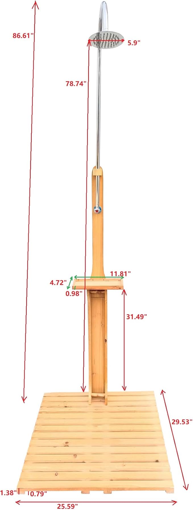 Outdoor Shower, Solid Wood Outdoor Shower and Steel Construction Height-Adjustable Shower Head, Connect Easily to Any Hose, Easy to Assemble Outdoor Shower Kit for Garden, Backyard, Pool