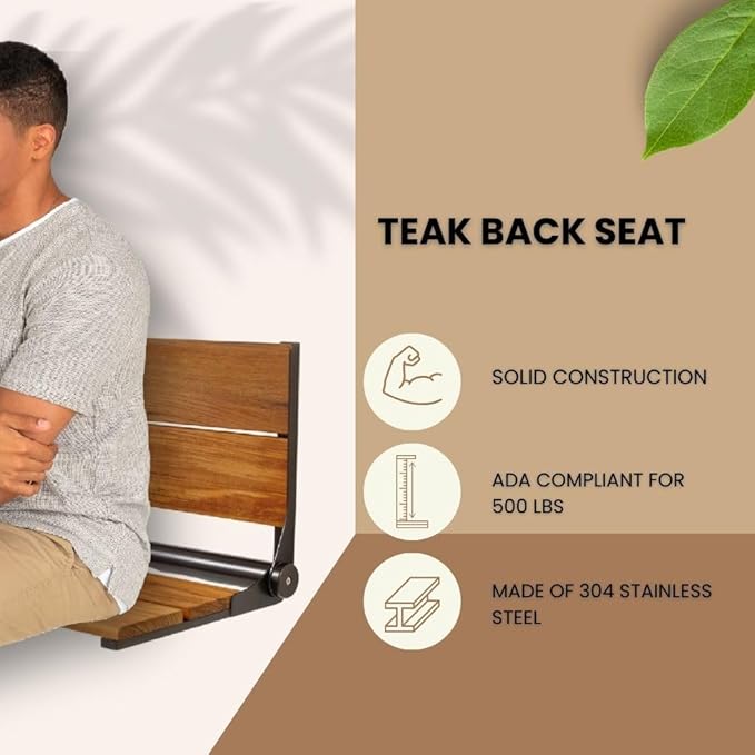 Folding Shower Seat Wall Mounted with Back | 500 lbs Maximum Load Capacity | ADA Compliant Safety Assist Teak Shower Seat for Seniors, Handicapped, and Children | 304 Stainless Steel Frame | 26” x 16”