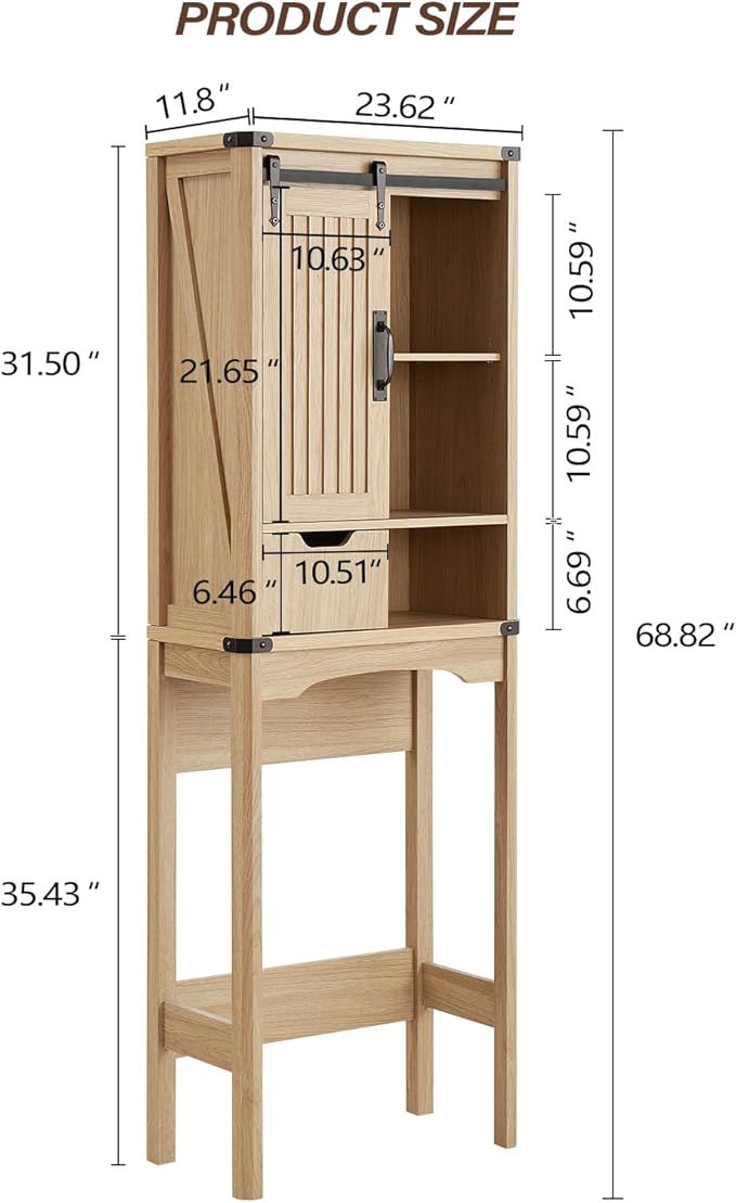 Over The Toilet Storage Cabinet, Farmhouse Storage Cabinet with Adjustable Shelves and Sliding Barn Door, Free Standing Over Toilet Bathroom Organizer (Natural Oak)