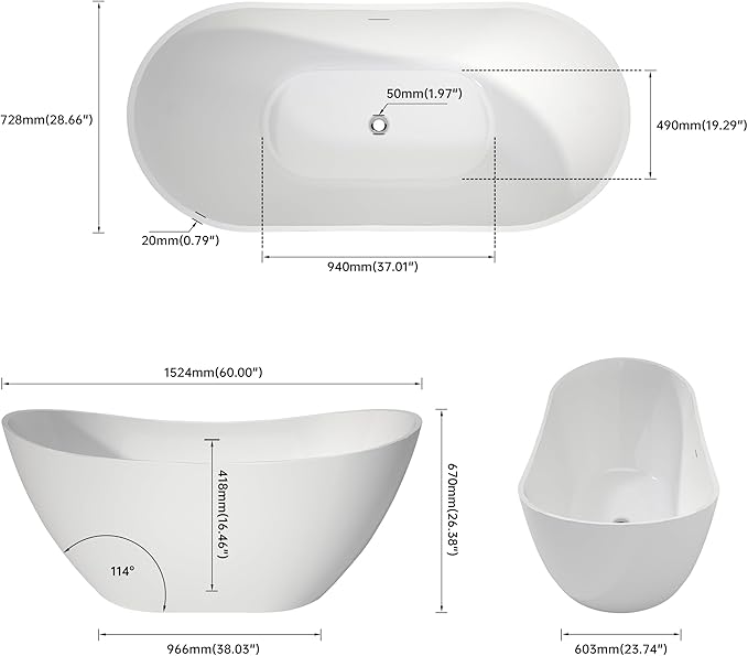 60" Acrylic Freestanding Bathtubs, High-back Stand Alone Tub, Soaking Tubs for Bathroom, Integrated Overflow and Drain, cUPC Certified, Gloss White