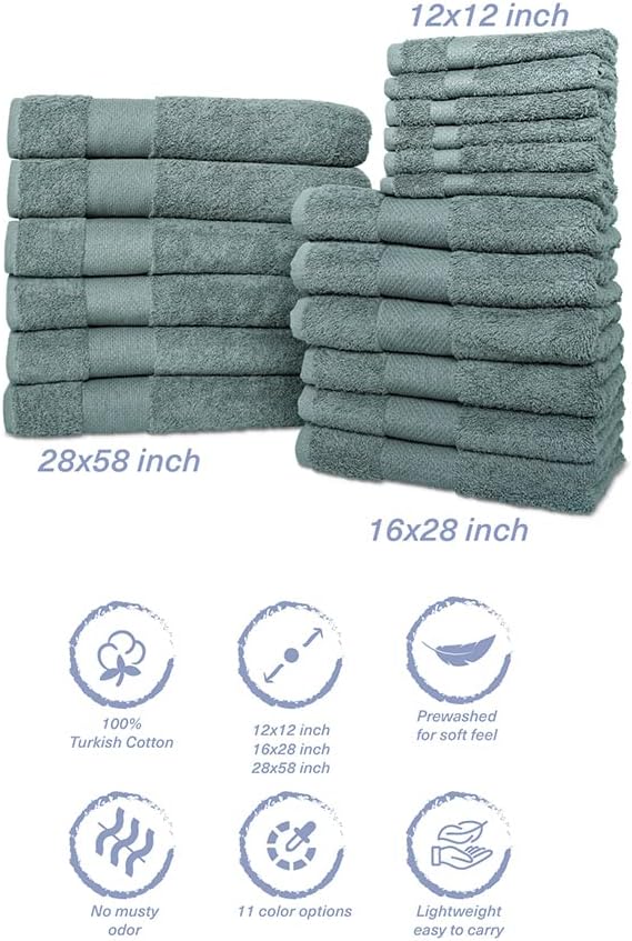 Hencely 18-Piece Bath Towel Set - High Absorbency, Quick Drying - 100% Soft Turkish Cotton - 6 Bath Towels, 6 Hand Towels, 6 Washcloths - for Bathroom, Home, Hotel, Spa, and Gym - 18-Pack Dark Green