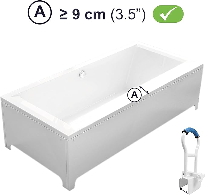 KMINA Bathtub Safety Rail, Padded Non-Slip Grip, Adjustable Grab Bar for Side of Tub, Elderly and Disabled, Fits Over 3.15 Inch Tub Walls, Blue