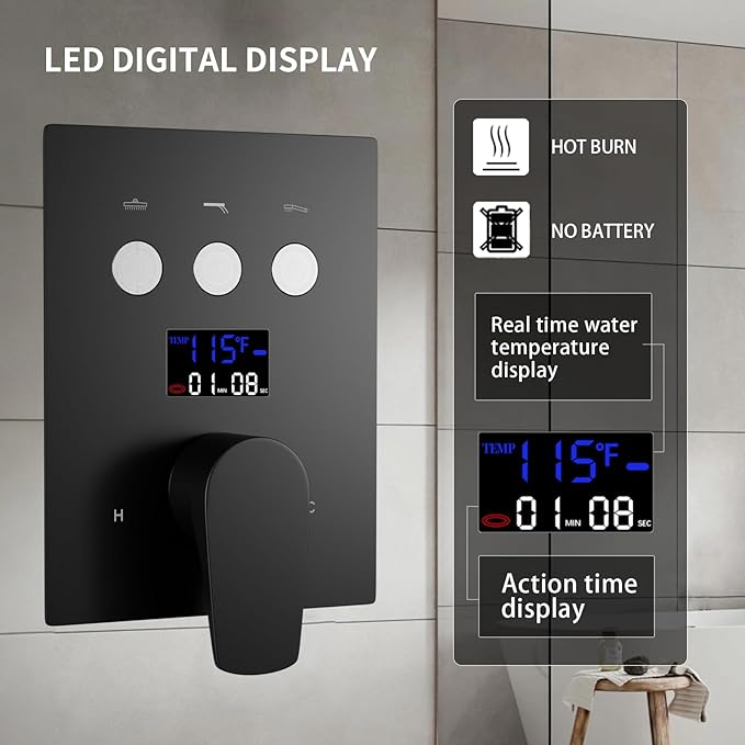 Bathroom shower system Ceiling 14x20 inch shower head, spray with handle, 6 PCS Body Jet and Handheld, temperature display shower faucet set (Matte Black)