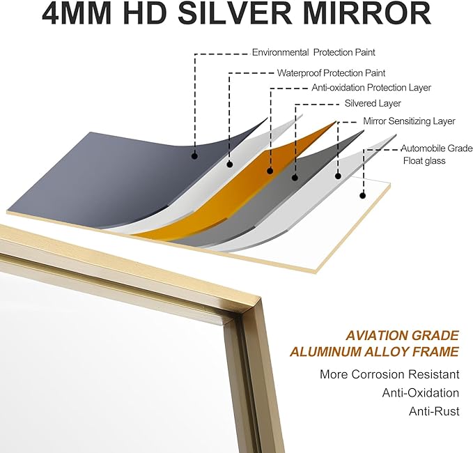 26x36 Inch Gold Bathroom Mirror - Copper-Free Mirror, Aluminum Alloy Frame Vanity Rectangle Wall Mounted Modern Mirror for Bedroom/Living Room/Porch Horizontal or Vertical