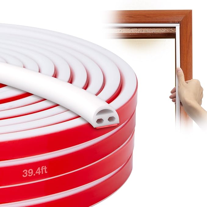 Silicone Door Seal - 39ft Weather Stripping, Soundproof, Self-Adhesive (White)