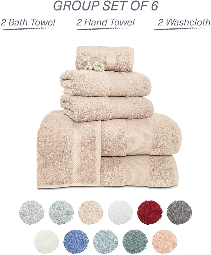 Hencely 6-Piece Bath Towel Set - High Absorbency, Quick Drying - 100% Soft Turkish Cotton - 2 Bath Towels, 2 Hand Towels, 2 Washcloths - for Bathroom, Home, Hotel, Spa, and Gym - 6-Pack Beige