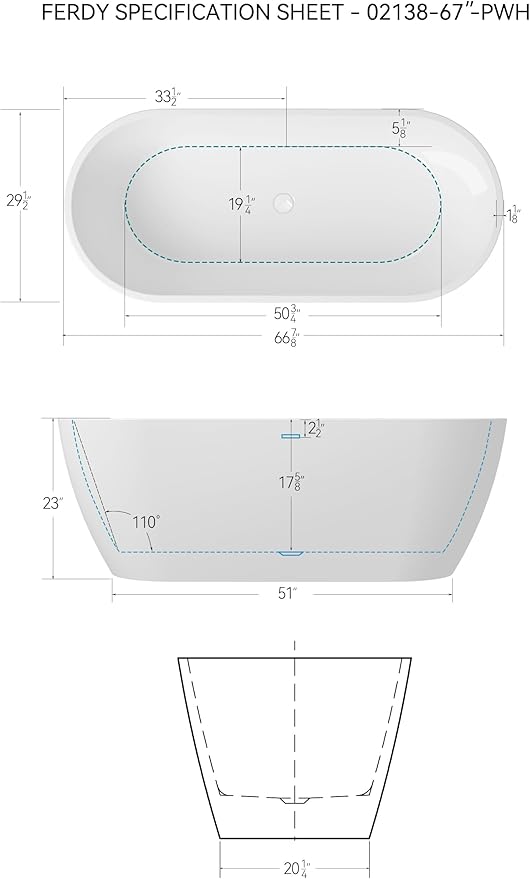 FerdY 67" Bali Elite Acrylic Freestanding Bathtub, Gracefully Shaped Freestanding Soaking Bathtub, cUPC Certified, Toe-Tap Polished White Drain & Minimalist Linear Design Overflow