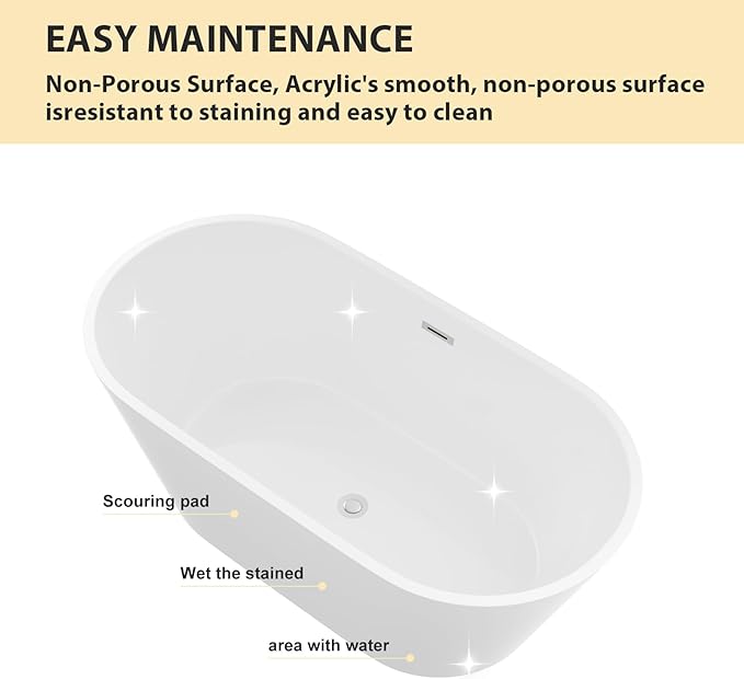 Logmey 59" Acrylic Freestanding Bathtub White Oval Shape Soaking Tub with Chrome Drain & Overflow Assembly for Classic Modern Bathrooms