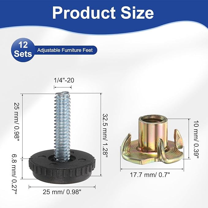uxcell 1/4"-20 Thread Furniture Feet Levelers, 24Set 25mm L Adjustable Furniture Feet Screw in Threaded Leveling Leg Screw on Chair Foot Glides Leveling for Table Chair Cabinet Black