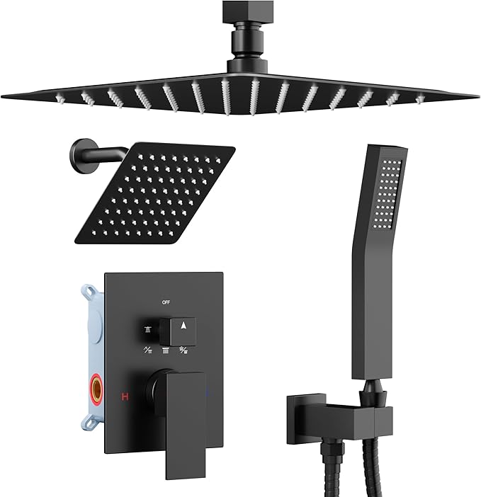 Shower Faucet Set Matte Black Shower Systems, STARBATH 3 Way Shower Faucet with 2 in 1 Handheld, Ceiling Mount 12+6" Dual Rain Shower Head for Two People, Shower Valve with 5 Diverter Complete