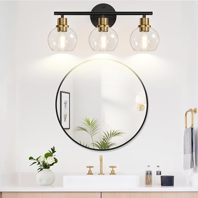 2025 Upgrade 3-Light Bathroom Light Fixtures, Black and Gold Bathroom Lights Over Mirror with Clear Glass Globe Shade, Vanity Lights for Bathroom Kitchen Living Room Hallway Cabinet Bedroom Porch
