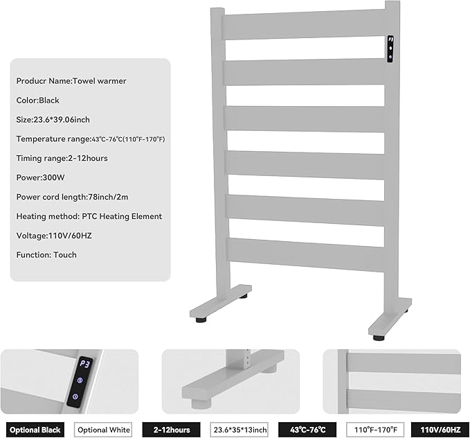 Heated Towel Racks for Bathroom,Freestanding Towel Warmer,6 Bars Towel Heater-PTC Fast Heating with Built-in Timer&Temperature Adjustment,Matte White