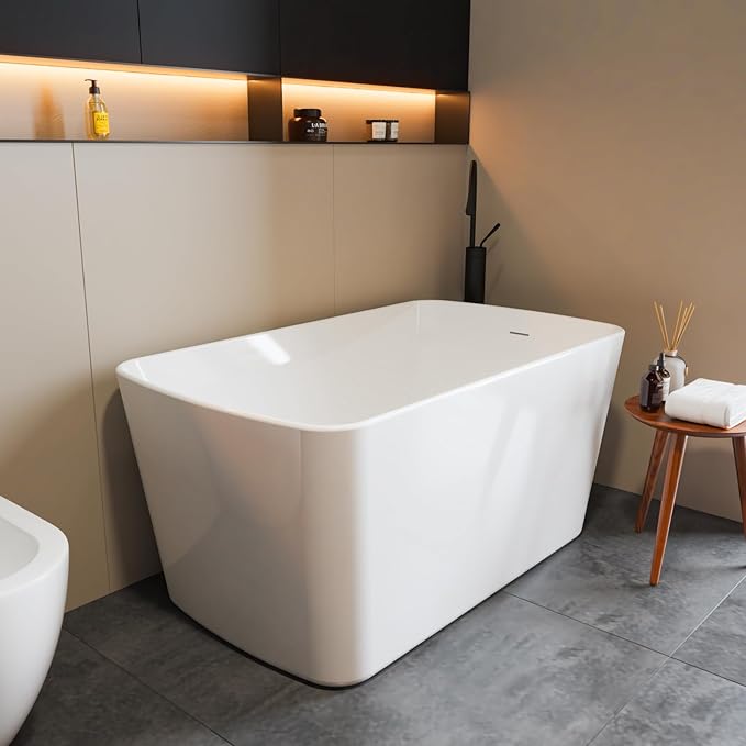 49" Acrylic Freestanding Bathtub - Japanese Square Soaking Tub with Built-in Seat, Toe-Tap Drain & Overflow, Glossy White, Compact Space-Saving Bath for Bathrooms