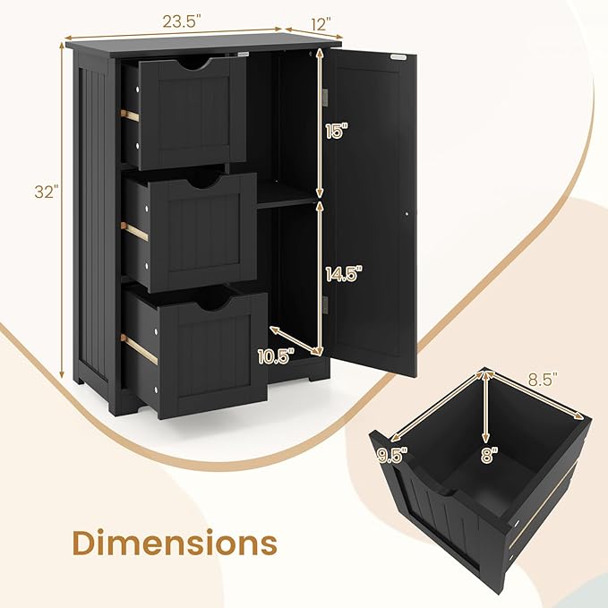Tangkula Bathroom Floor Cabinet, Freestanding Storage Cabinet with 3 Drawers & Single Door, Adjustable Shelf, Multipurpose Bathroom Storage for Home Office, 23.5 x 12 x 32 Inches (3 Drawers, Black)