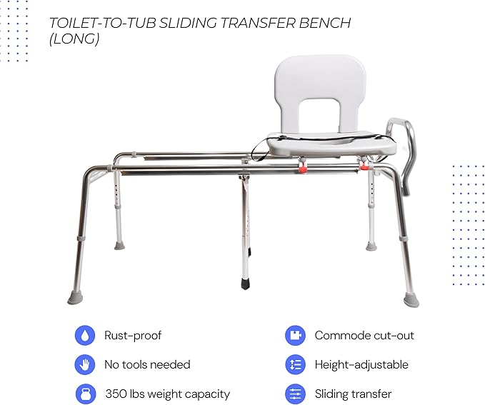 Eagle Health Supplies Toilet-to-Tub Transfer Bench with Cut Out Seat, FSA/HSA Eligible Sliding Shower Chair for Elderly and Disabled, Height Adjustable Shower Seats for Adults Inside Shower, 77963