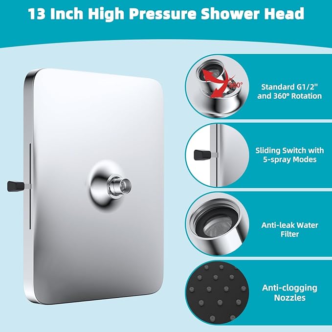 Hibbent 5 Spray Modes Shower Head, 13'' High Pressure Rain Shower Head, Large Rainfall Showerhead for Bathroom, High Flow Waterfall Fixed Showerheads with Adjustable Swivel Ball Joint, Chrome