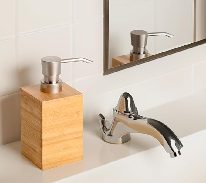 Bamboo Soap Dispenser with Anti-Slip Pads and Stylish Horizontal Wood Grain, Hand Dispenser for Bathroom, Kitchen, Dish, Lotion, Shampoo, Liquid Soap (7 Oz)