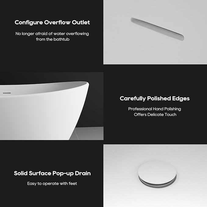 SJ STAR&JANE 61" Solid Surface Freestanding Bathtub Stone Resin Tub Oval Double Slippers Stand Alone Soaking Tub with Pop-up Drain and Overflow, Matte White