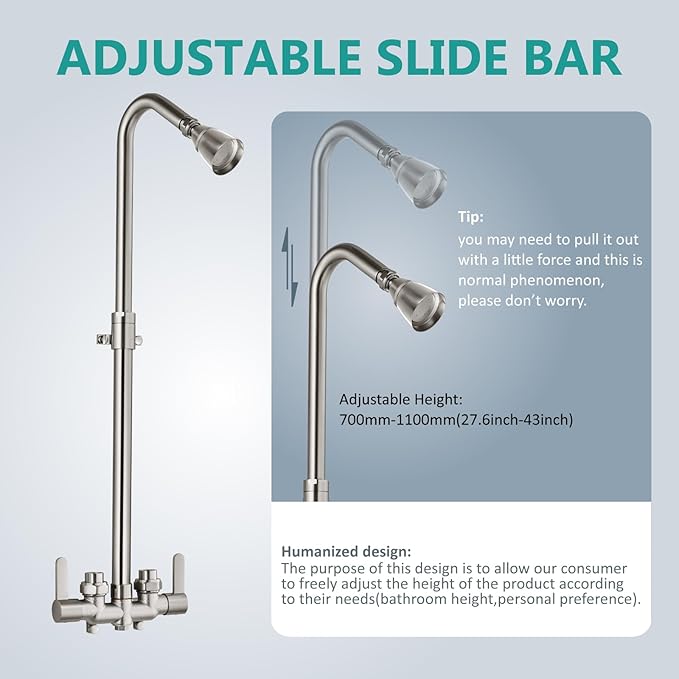 Aolemi Outdoor Shower Fixtures Outdoor Shower Kit Faucet System 3 Inch Center 2 Handle Exposed Shower with Brass Mix Valve with Adjustable Bar Pipe Upward Brushed Nickel