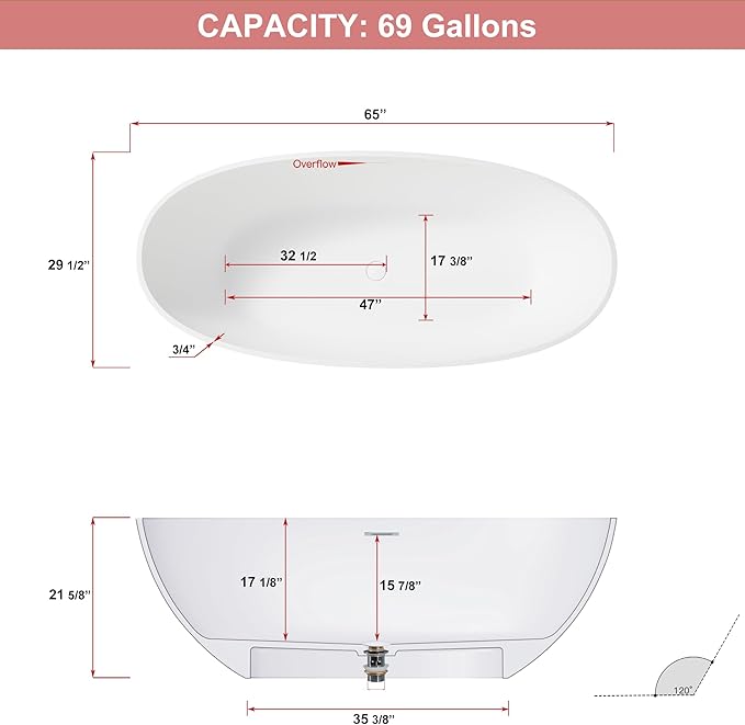 Abruzzo 65" Matte White Freestanding Solid Surface Bathtub, Luxury Handcrafted Stone Resin Freestanding Soaking Bathtub with Overflow and Pop-up Drain