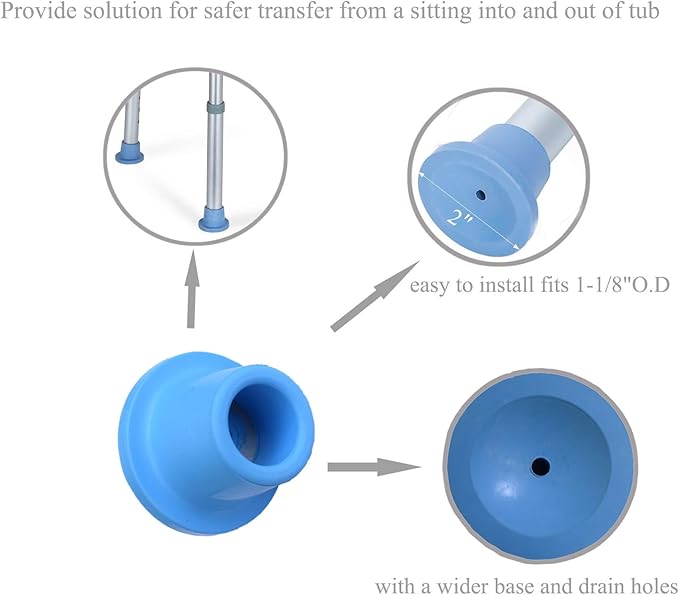 Replacement Feet for Shower Chair Bath Seat, Shower stools and Transfer Bench, Non-Skid Shower Bench and Tub Transfer Benches Rubber Suction Cup Feet, Metal Insert Reinforced (1-1/8" I.D, Blue)