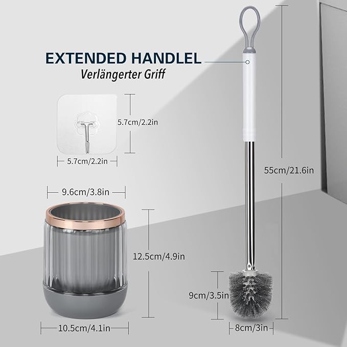 Toilet Bowl Brush and Holder 2 Pack Long Handle Toilet Brush for Bathroom with Separate Base for Floor and Wall Mounted Plastic Toilet Brush Set Under The Rim Household Cleaning (White)