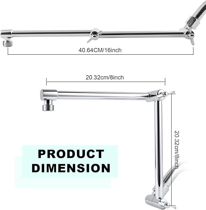 Shower Head Extension Arm, 16 Inch Solid Brass Adjustable Extender with Lock Joint, Height & Angle Adjustable Shower Arm for Rainfall or Fixed Shower Head, G1/2 Connector (Chrome)