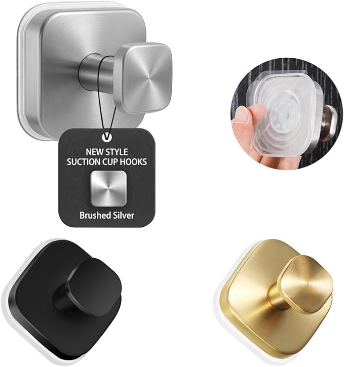 4Pcs Square Suction Cup Hook, 304 Stainless Steel Shower Hook, Removable Suction Cup Knob for Shower, Bathroom, Kitchen, Glass Door, Mirror (Gold)