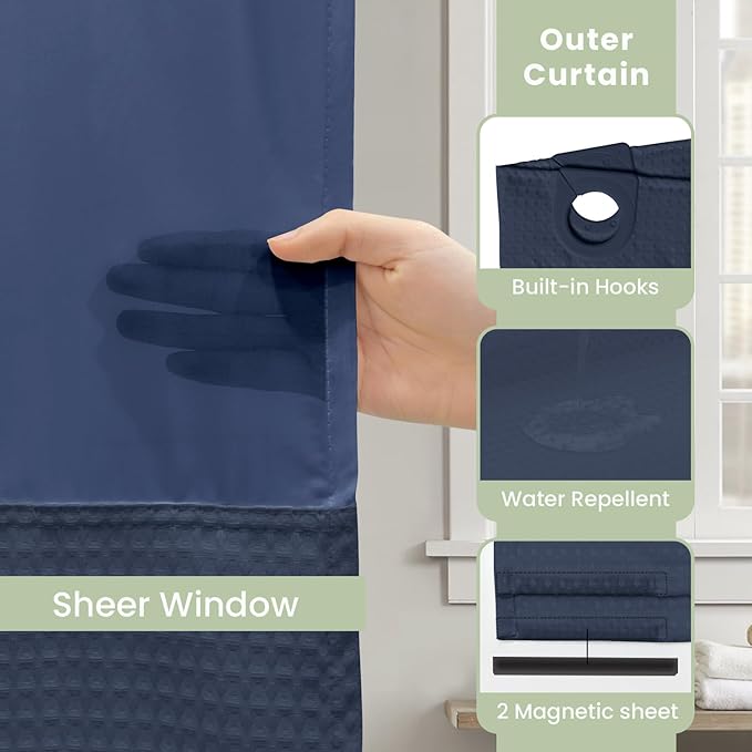 Inhousolu Stall No Hook Shower Curtain with Snap in Fabric Liner Set Waffle Weave 230GSM Weighted Hem, Waterproof & Washable Bathroom Curtain Spa Luxury with Mesh Top Window 36" W x 72" L Navy Blue