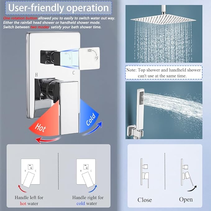 16 Inch Polished Chrome Ceiling Mount Shower System Bathroom Luxury Rain Mixer Shower Combo Set Ceiling Rainfall Shower Head System Faucet Contain Rough-in Valve and Trim Included