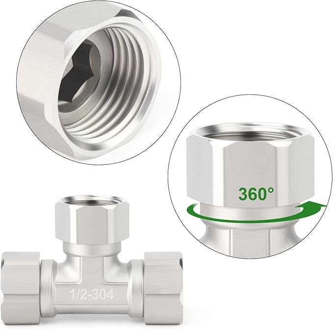 TAISHER 2PCS 304 Stainless Steel 3 Way 3 Ends Flexible Movable Tee Connector, 1/2" for Sprayer, Angled Valve, Shower Arm