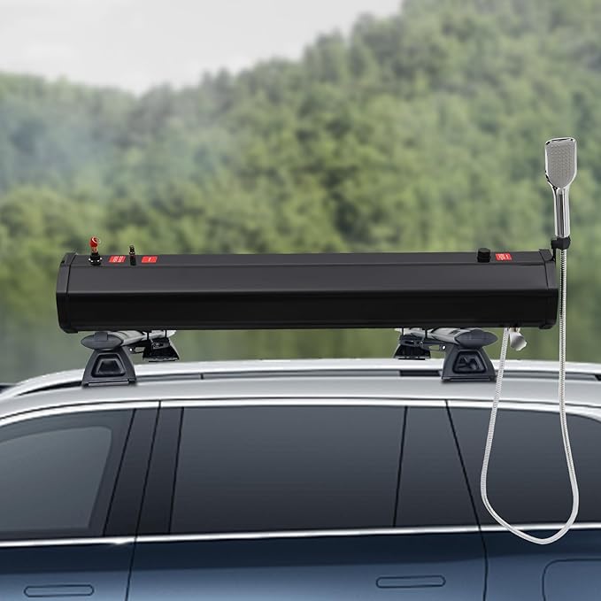 TFCFL 7.93 Gallon Roof Rack Mount Road Shower, High Pressure Outdoor Camping Shower with Long Hose, Portable Camping Solar Shower for Camping, Hiking, Beach, Pet & Gear Cleaning, Black