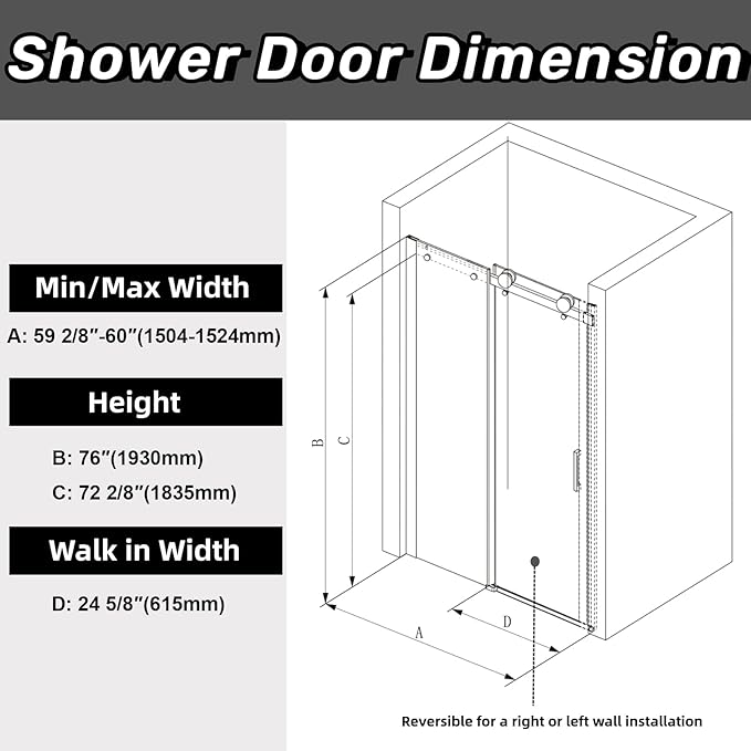 Sunrosa Semi-Frameless Glass Shower Door, 60" W x 76" H Single Sliding Shower Door, Shower Door with Tempered Glass 5/16"(8mm), Black