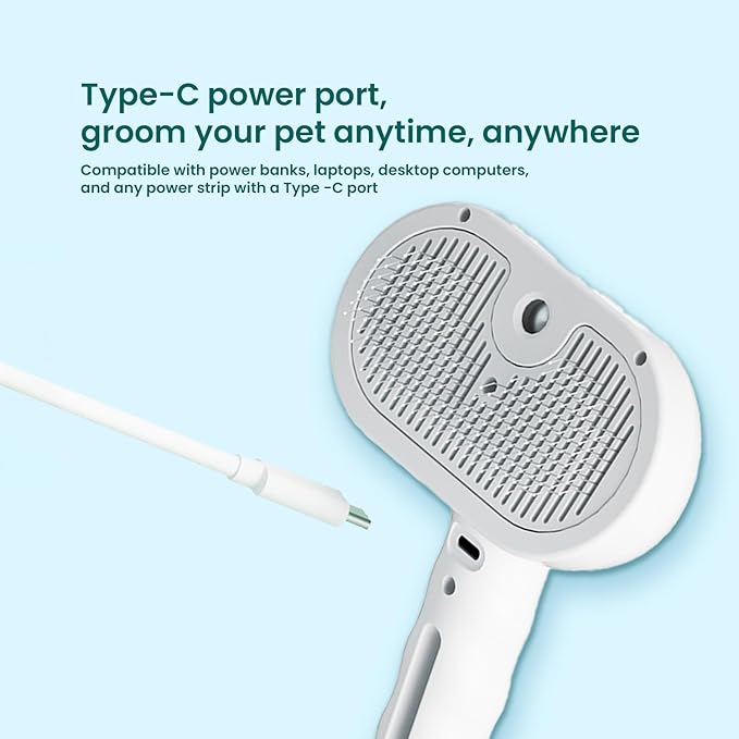 Pet Steam Brush for Dog & Cat, 3 in 1 Spray Hair Removal Comb for Shedding & Grooming, Water Brush for Long & Short Haired Pets, Includes 200ml Shampoo & USB Rechargeable Design (White-2)