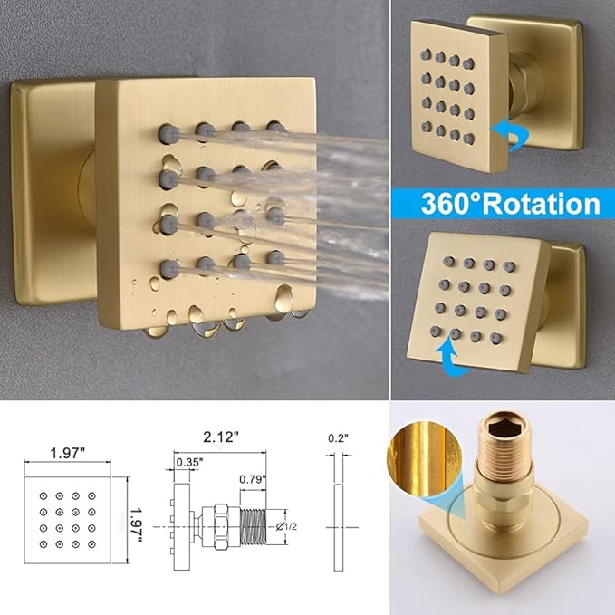 Enga Brushed Gold Rain Shower System with Body Jets, 12 inch Rain Shower Body Spray Jets System Wall Mounted Shower Faucet Set with 3-Function Brass Shower Valve