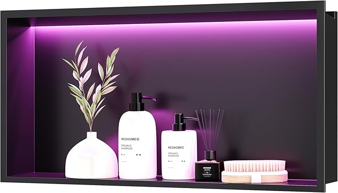 RGB LED Light Shower Niche, Matte Black 24X12 in Stainless Steel Recessed Storage with Remote Control, Waterproof No Tile Needed Wall Niche for Bathroom Storage Built-in Installation