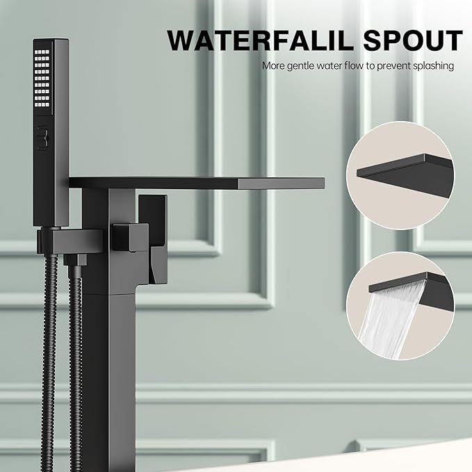 Freestanding Bathtub Faucet with Handheld Sprayer, Matte Black Floor Mount Tub Filler, High Flow Waterfall Brass Bath Shower Faucet for Modern Bathroom