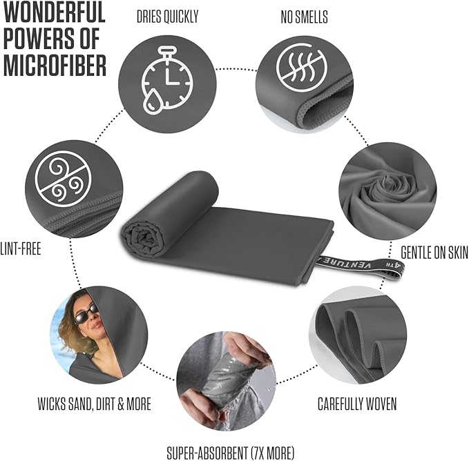 VENTURE 4TH Quick Dry Towel. Microfiber Travel Towel Ideal for Camping, Hiking, Backpacking, Gym. Lightweight & Fast Drying Travel Towels for Body. Compact & Easy to Pack - Charcoal Medium