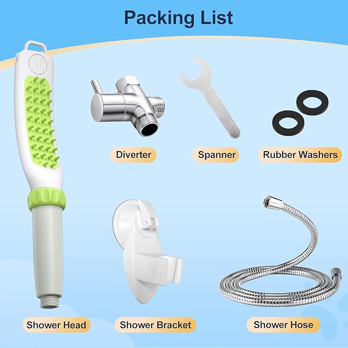 Dog Shower Attachment, Rubber Dog Grooming Bath Brush for Long & Short Haired Dogs and Cats, Pet Hair Scrubber For Washing, Deshedding, Massage, Stainless Steel Shower Hose