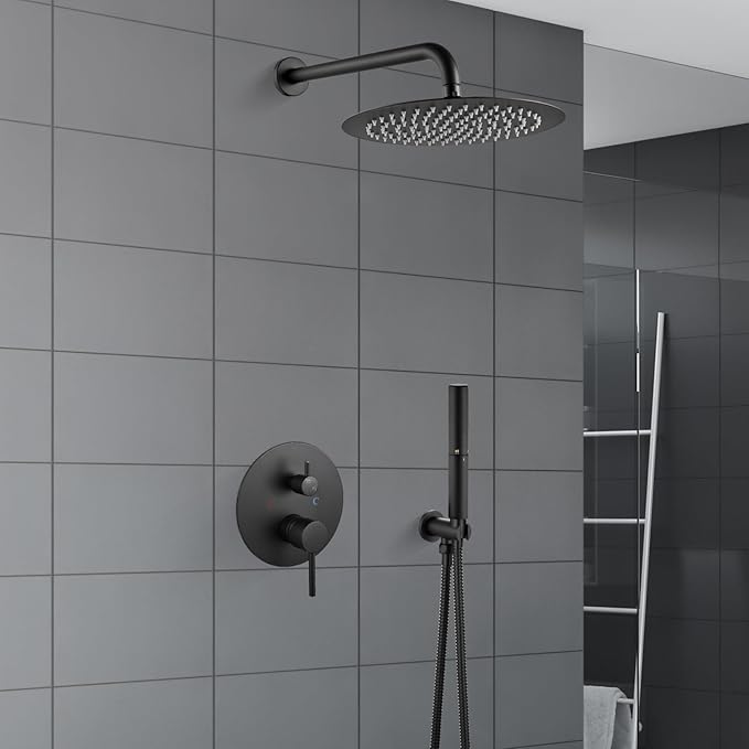 Airuida Shower Fixtures 2 Functions Shower Faucet Set Wall Mounted for Bathroom High Pressure Brass Handheld Shower with Rough-in Valve Round Rainfall 10 Inch Shower Head Matte Black