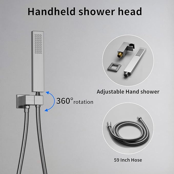 Bathroom Rainfall Shower System Wall Mount 8 Inch Shower Head With Handled Spray 6 Pcs jets Temperature Display Shower Faucet Set (Brushed Nickel)